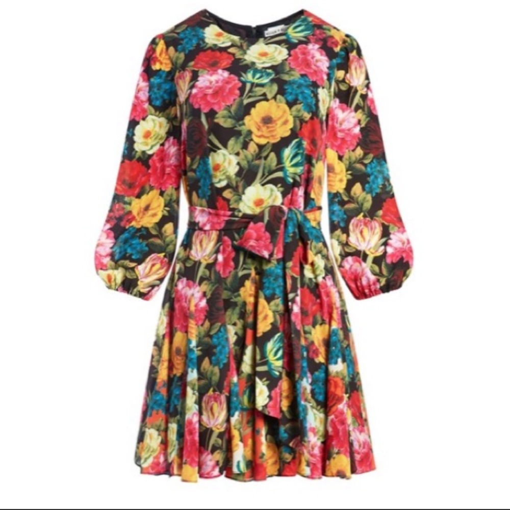 Alice + Olivia Mina Puff Sleeve Godet Dress